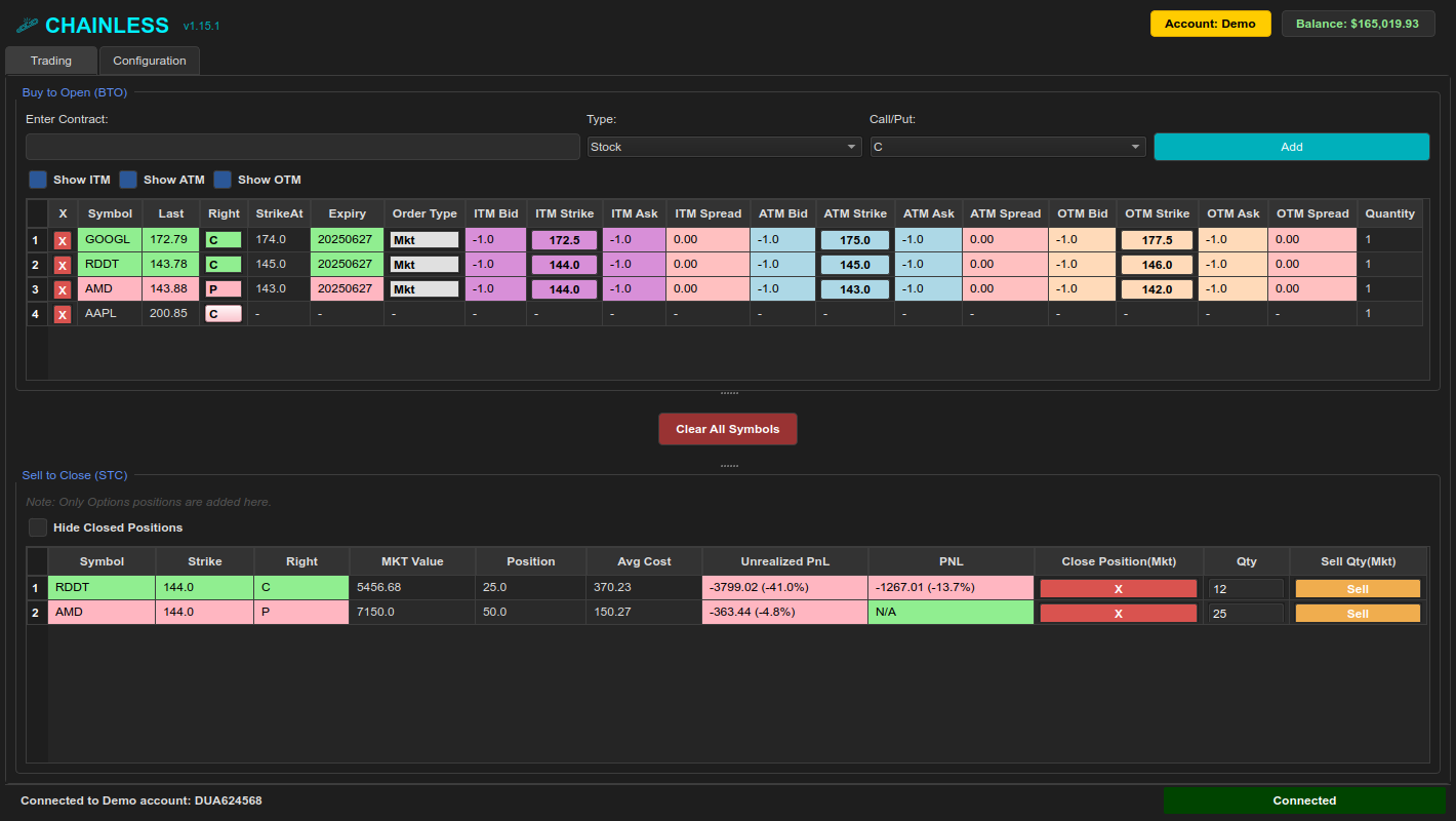 Chainless options trading platform screenshot showing multiple option chains, one-click execution buttons, and real-time P&L tracking for Interactive Brokers