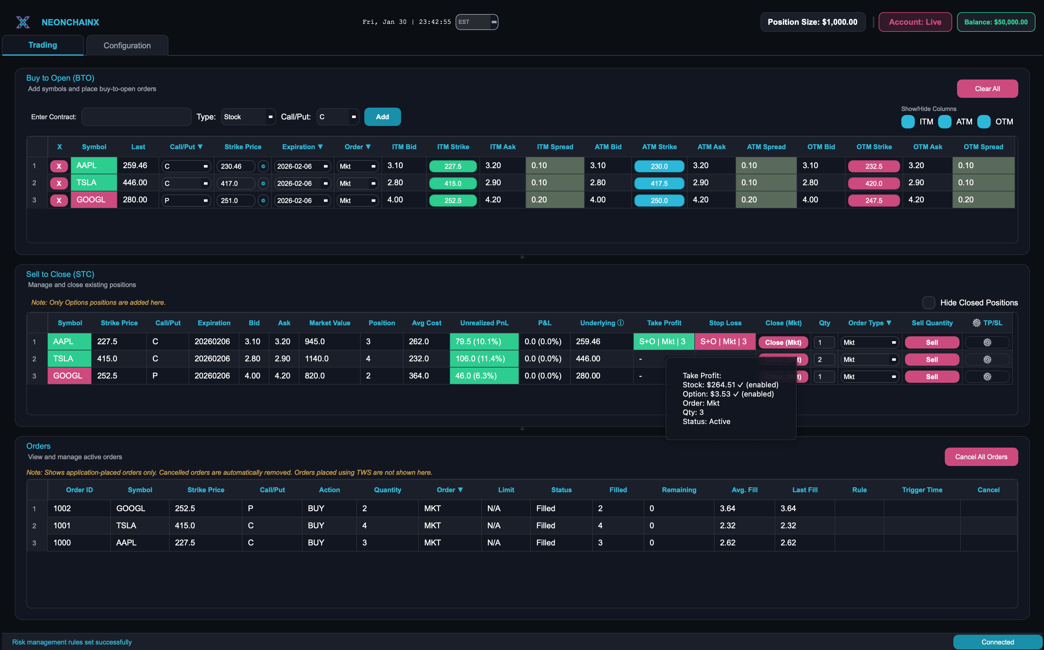 Portfolio Table with TP/SL